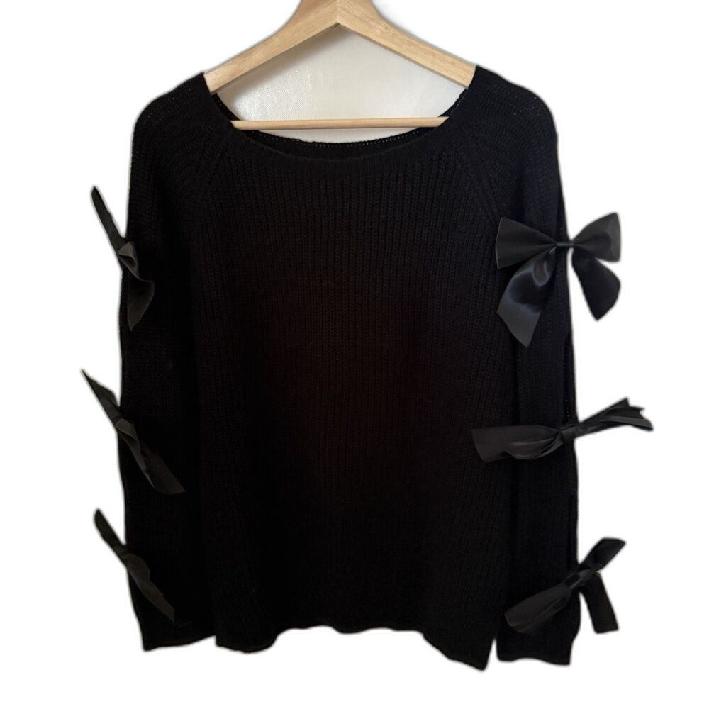Shein Prive Women Solid Color Bow Hollow Out Long Sleeve Holiday Girlie Sweater